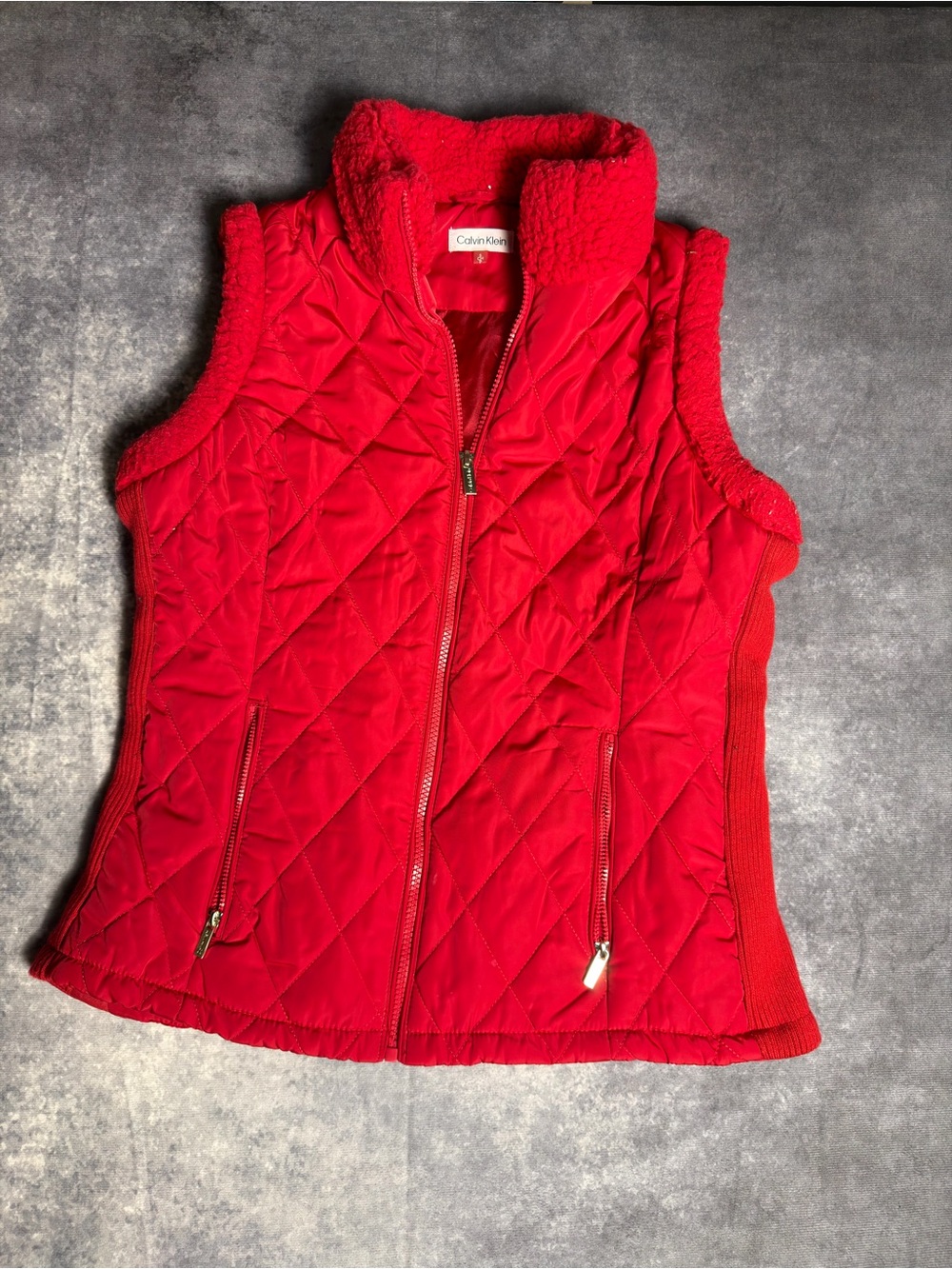 Calvin Klein Bright Red Quilted Sherpa-Trim Vest